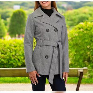 Classic Lines Heather Grey Double Breast Tie Waist Belt Fully Lined Pea Coat